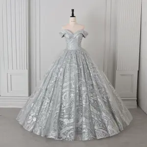 Sparkly Silver Sequins Prom Dresses 2026 Ball Gown Off The Shoulder Sleeveless Backless Floor Length Long Formal Dresses