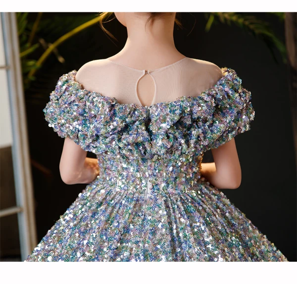 Sparkly Multi-Colors Sequins Birthday Flower Girl Dresses 2024 Ball Gown Scoop Neck Short Sleeve Floor-Length / Long