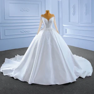 Luxus Herrlich Ivory Creme Handgefertigt Perlenstickerei Perle Pailletten Brautkleider Hochzeitskleider 2022 Ballkleid Rundhalsausschnitt Lange Ärmel Kapelle Schleppe Hochzeit