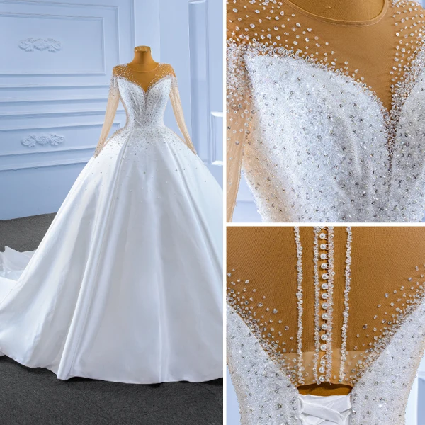 Luxe Ivoire Fait main Perlage Perle Paillettes Robe De Mariée 2022 Robe Boule Encolure Dégagée Manches Longues Chapel Train Mariage