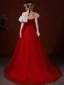 High-end Chinese style Red Prom Dresses 2022 A-Line / Princess Scoop Neck Beading Pearl Rhinestone Short Sleeve Backless Sweep Train Formal Dresses