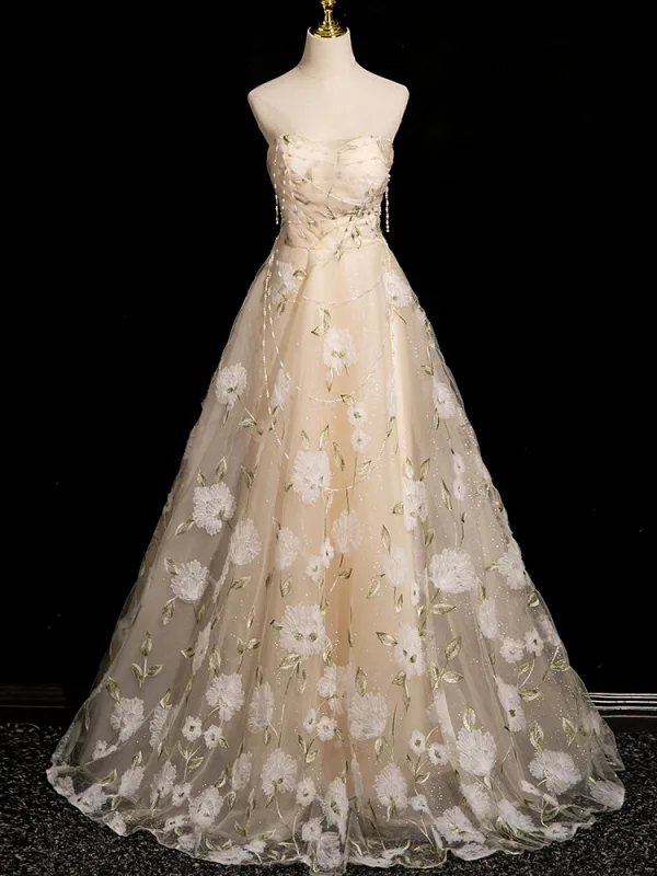 Chic / Beautiful Champagne Lace Flower Prom Dresses 2024 A-Line / Princess Strapless Sleeveless Backless Floor-Length / Long Prom Formal Dresses