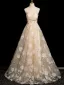 Chic / Beautiful Champagne Lace Flower Prom Dresses 2024 A-Line / Princess Strapless Sleeveless Backless Floor-Length / Long Prom Formal Dresses