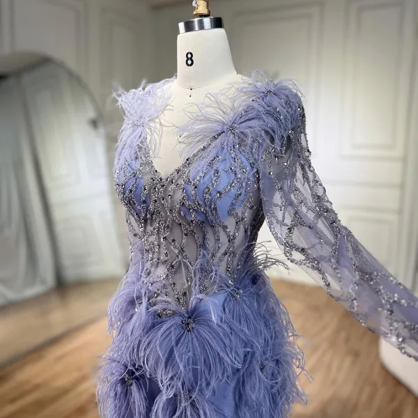 High-end Lavender Handmade  Beading Rhinestone Tassel Split Front Prom Dresses 2024 Trumpet / Mermaid V-Neck Long Sleeve Floor-Length / Long Prom Formal Dresses
