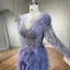 High-end Lavender Handmade  Beading Rhinestone Tassel Split Front Prom Dresses 2024 Trumpet / Mermaid V-Neck Long Sleeve Floor-Length / Long Prom Formal Dresses