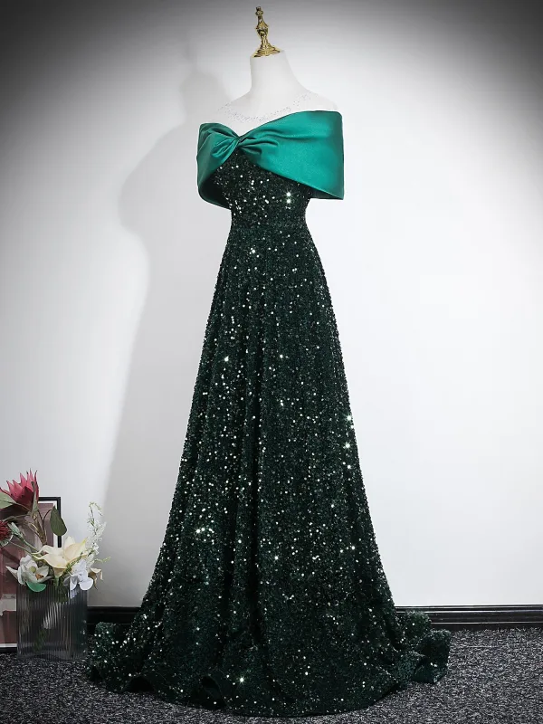 Sparkly Black Gold Sequins Evening Dresses 2026 A-Line / Princess Off-The-Shoulder Short Sleeve Backless