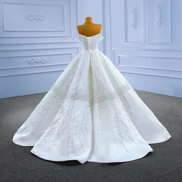 High End Elegante Ivory / Creme Handgefertigt Perlenstickerei Pailletten Brautkleider / Hochzeitskleider 2022 Ballkleid Bandeau Ärmellos Rückenfreies Lange Hochzeit