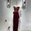 Sexy Burgundy Suede Evening Dresses 2023 Trumpet / Mermaid Strapless Sleeveless Backless Bow Floor-Length / Long Evening Party Formal Dresses