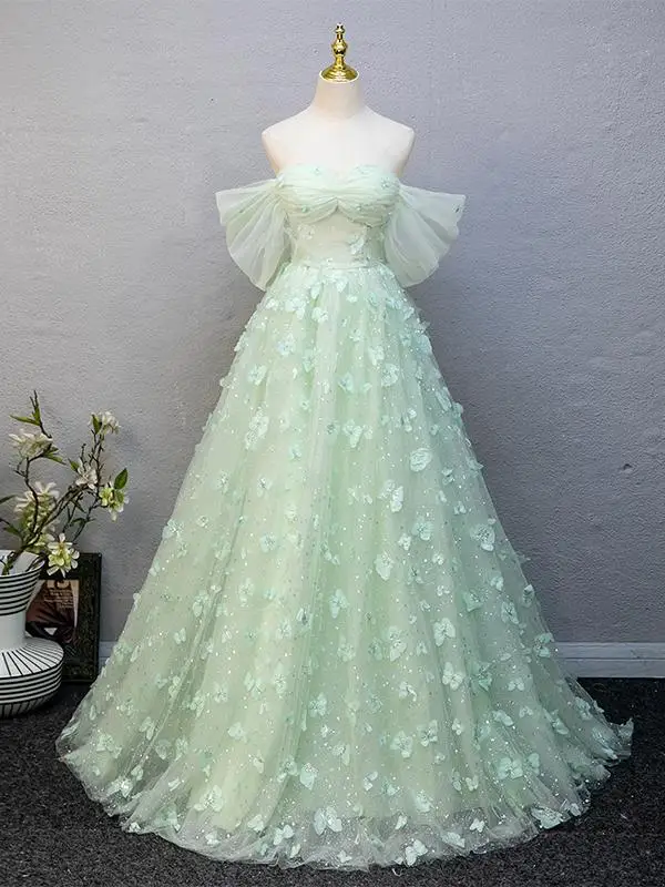 Flower Fairy Sage Green Beading Butterfly Appliques Prom Dresses 2025 Ball Gown Off-The-Shoulder Short Sleeve Backless Floor-Length / Long Prom Formal Dresses Prom Dresses