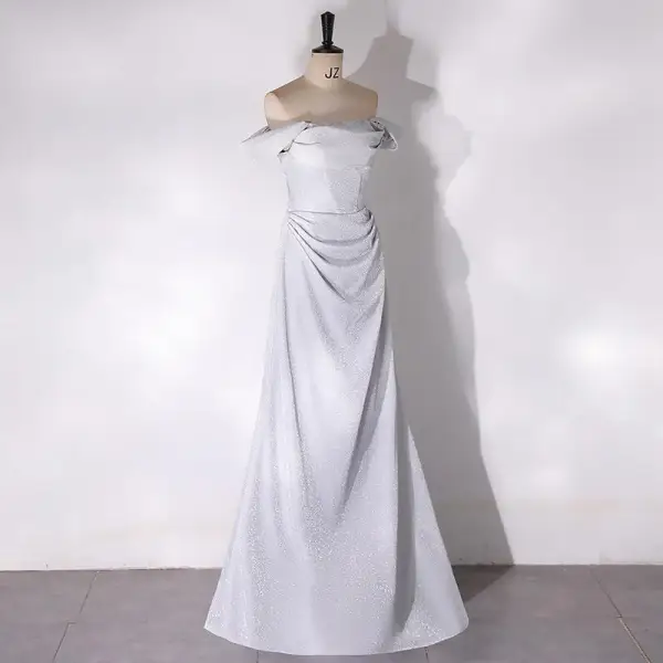 Sexy Grey Prom Dresses 2024 Trumpet / Mermaid Off-The-Shoulder Sleeveless Backless Floor-Length / Long Prom Formal Dresses