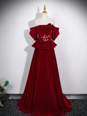 Vintage Originale Bordeaux Fleur Velours Robe Mère De La Mariée 2026 Princesse De L Épaule Manches Courtes Dos Nu Longue