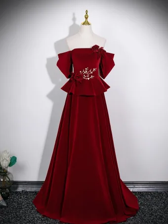 Vintage Retro Burgundy Flower Velvet Mother Of The Bride Dresses 2026 A Line Princess Off The Shoulder Short Sleeve Backless Floor Length Long