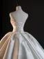 Vintage / Retro White Lace Flower Satin Wedding Dresses 2025 Ball Gown Strapless Sleeveless Backless Court Train Wedding