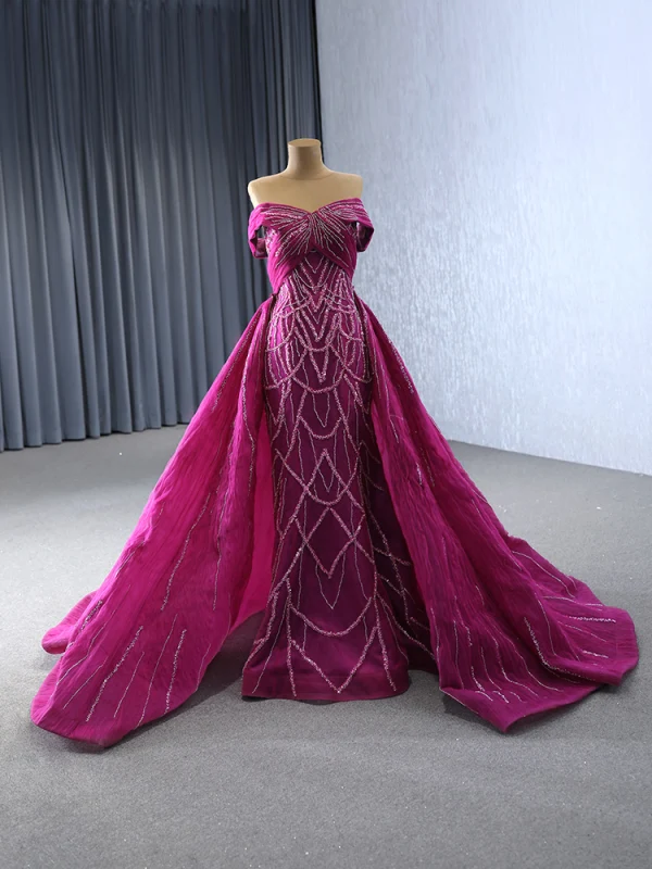 High-end Burgundy Handmade  Beading Evening Dresses 2024 Trumpet / Mermaid Off-The-Shoulder Short Sleeve Backless Court Train Evening Party Formal Dresses