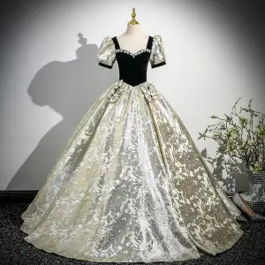 Classy Black Rhinestone Bow Prom Dresses 2025 Ball Gown Square Neckline Puffy Short Sleeve Backless Floor Length Long Prom Formal Dresses