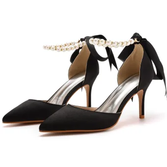 Charmant Zwarte Avond Parel Enkelband Strik Sandalen Dames 2023 7 Cm Naaldhakken Stiletto Spitse Neus Sandalen Hoge Hakken