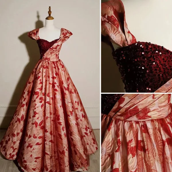 Elegant Burgundy Beading Sequins Prom Dresses 2023 A-Line / Princess Square Neckline Short Sleeve Backless Floor-Length / Long Prom Formal Dresses