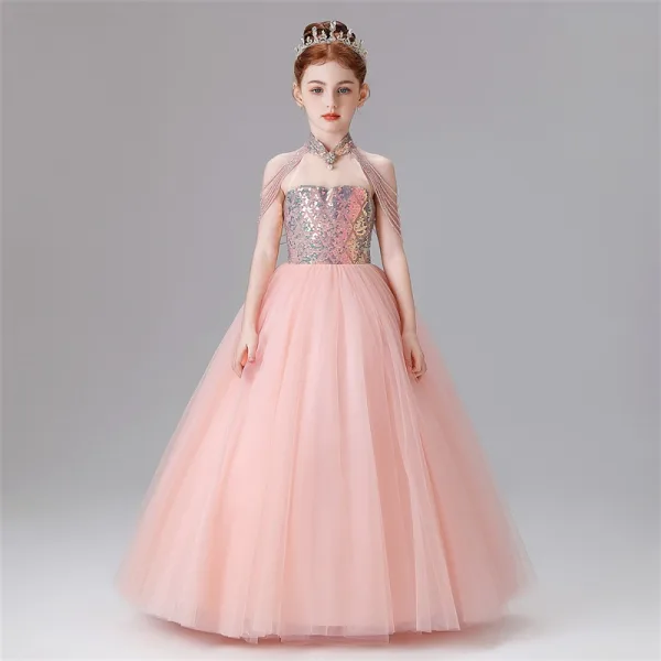 Chic / Beautiful Sky Blue Beading Tassel Sequins Birthday Flower Girl Dresses 2025 Ball Gown High Neck Sleeveless Floor-Length / Long