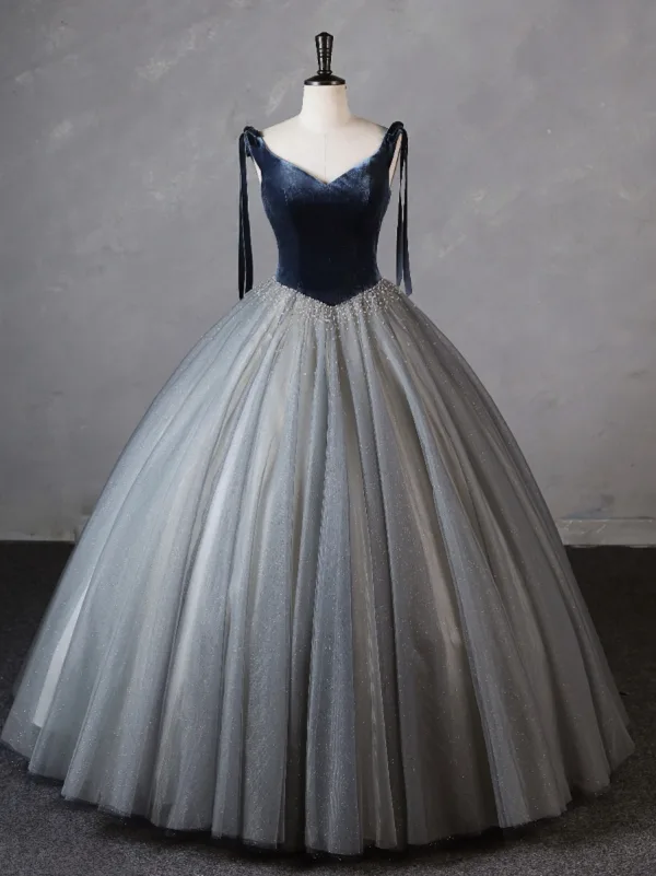 Chic / Beautiful Navy Blue Beading Prom Dresses 2023 Ball Gown V-Neck Sleeveless Backless Floor-Length / Long Prom Formal Dresses