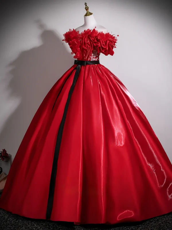 Chic / Beautiful Red Appliques Bow Sash Prom Dresses 2025 Ball Gown Off-The-Shoulder Short Sleeve Backless Floor-Length / Long Formal Dresses