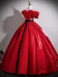 Chic / Beautiful Red Appliques Bow Sash Prom Dresses 2025 Ball Gown Off-The-Shoulder Short Sleeve Backless Floor-Length / Long Formal Dresses