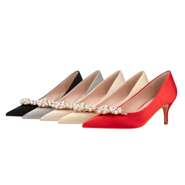 Edles Rot Satin Ball Pumps 2022 Perle Strass 6 cm Stilettos Spitzschuh Pumps Hochhackige