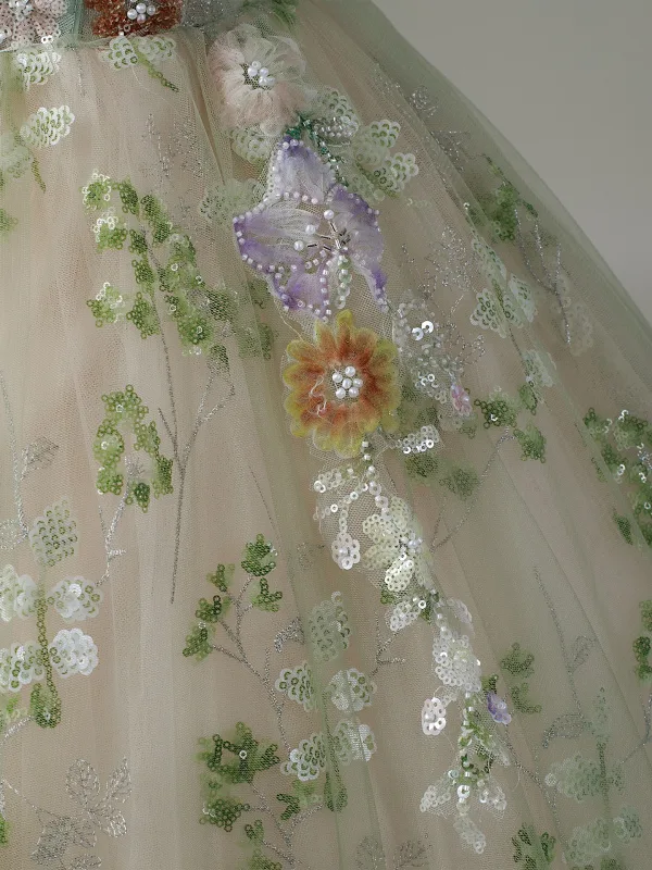 Elegant Sage Green Sequins Flower Prom Dresses 2026 Ball Gown Off-The-Shoulder Sleeveless Backless Floor-Length / Long Prom Formal Dresses