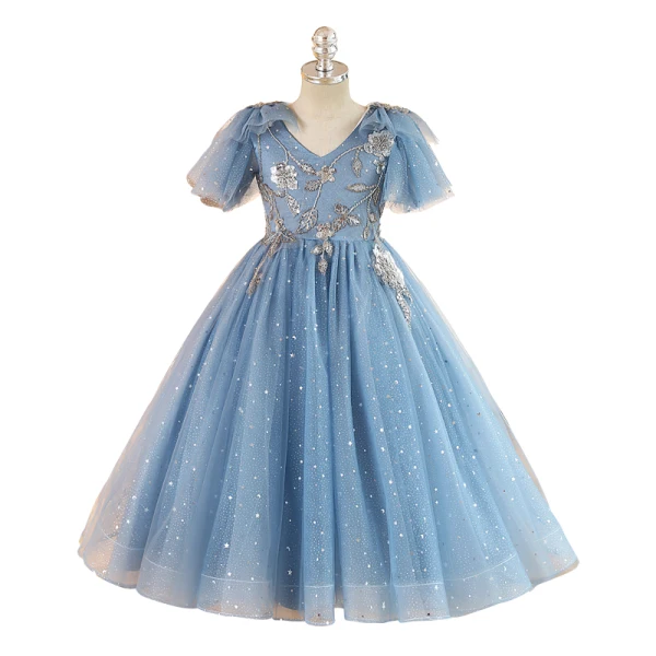 Fashion Sky Blue Beading Star Sequins Birthday Flower Girl Dresses 2023 Ball Gown V-Neck Short Sleeve Backless Floor-Length / Long Flower Girl Dresses