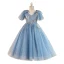 Fashion Sky Blue Beading Star Sequins Birthday Flower Girl Dresses 2023 Ball Gown V-Neck Short Sleeve Backless Floor-Length / Long Flower Girl Dresses