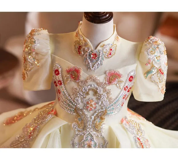 Vintage / Retro Medieval Champagne Beading Lace Flower Pearl Sequins Cascading Ruffles Birthday Flower Girl Dresses 2025 Ball Gown High Neck Short Sleeve