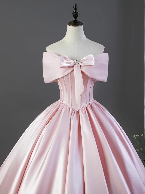 Lovely Blushing Pink Bow Satin Prom Dresses 2026 Ball Gown Off-The-Shoulder Short Sleeve Backless
