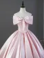 Lovely Blushing Pink Bow Satin Prom Dresses 2026 Ball Gown Off-The-Shoulder Short Sleeve Backless