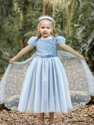 Fashion Sky Blue Star Sequins Birthday Flower Girl Dresses 2023 A Line Princess High Neck Puffy Short Sleeve Tea Length Flower Girl Dresses