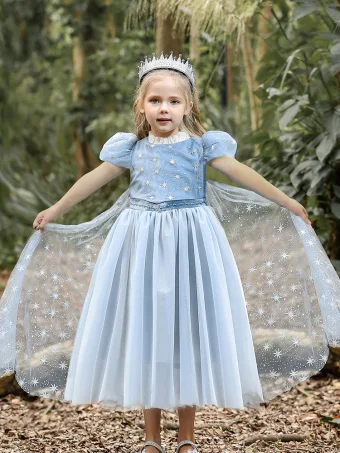 Mode Bleu Ciel Étoile Paillettes Anniversaire Robe Ceremonie Fille 2023 Princesse Col Haut Gonflée Manches Courtes Thé Longueur Robe Ceremonie Fille