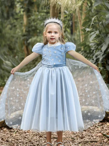 Fashion Sky Blue Star Sequins Birthday Flower Girl Dresses 2023 A Line Princess High Neck Puffy Short Sleeve Tea Length Flower Girl Dresses