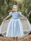 Fashion Sky Blue Star Sequins Birthday Flower Girl Dresses 2023 A-Line / Princess High Neck Puffy Short Sleeve Tea-length Flower Girl Dresses