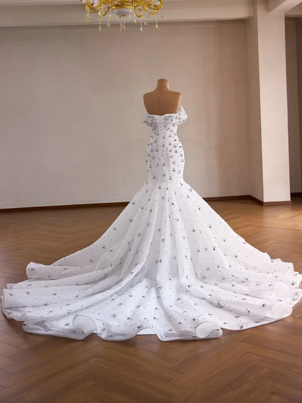 High End Weiß Handgefertigt Perle Strass Brautkleider / Hochzeitskleider 2026 Ballkleid Off Shoulder Kurze Ärmel Rückenfreies Kapelle-Schleppe