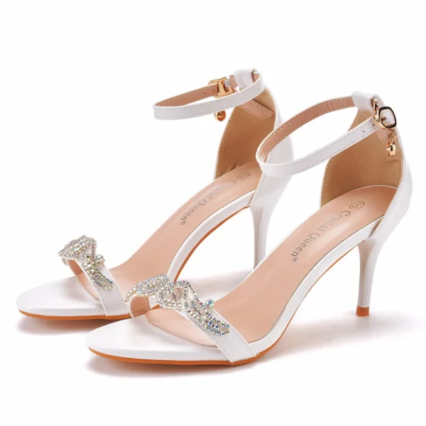 Sexy Weiß Strass Brautschuhe 2022 Knöchelriemen 7 cm Stilettos Spitzschuh Hochzeit Hochhackige