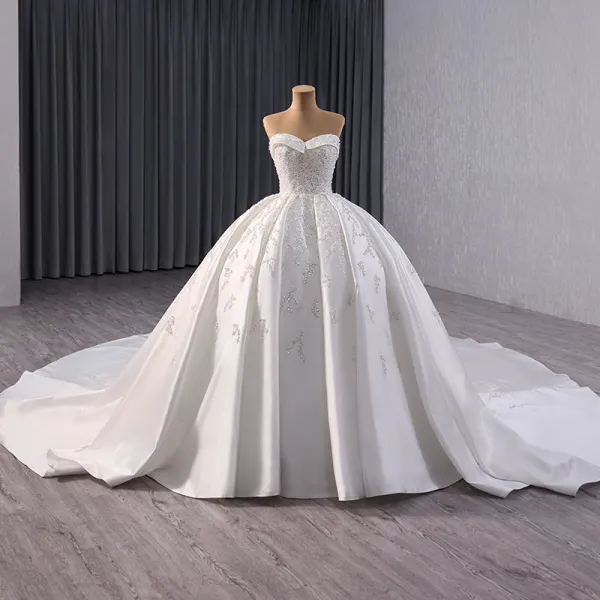 Luxury / Gorgeous White Handmade Beading Sequins Satin Wedding Dresses ...