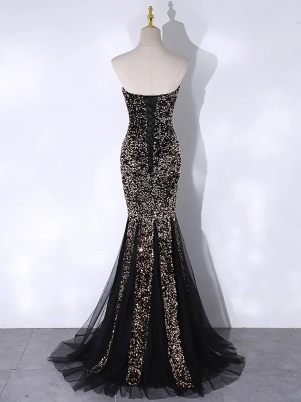 Sparkly Black Gold Sequins Evening Dresses 2024 Trumpet / Mermaid Strapless Sleeveless Backless Floor-Length / Long Evening Party Formal Dresses