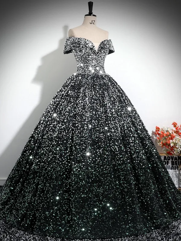 Scintillantes Noire Paillettes Robe De Bal 2024 Robe Boule De l'épaule Manches Courtes Dos Nu Longue Promo Robe De Ceremonie