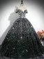 Scintillantes Noire Paillettes Robe De Bal 2024 Robe Boule De l'épaule Manches Courtes Dos Nu Longue Promo Robe De Ceremonie