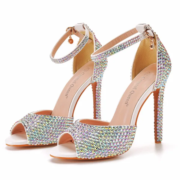 Charmant Weiß Multifarben Strass Brautschuhe 2022 11 cm Stilettos Peeptoes Hochzeit Sandaletten Hochhackige
