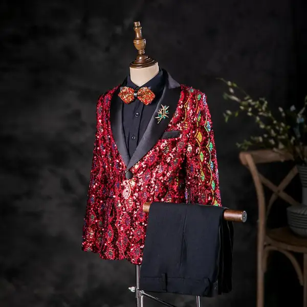 Sparkly Burgundy Sequins 5-piece Long Sleeve Boys Wedding Suits 2025 Body Jewellery Coat Shirt Tie Pants