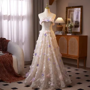 Fée Des Fleurs Bling Bling Champagne Paillettes Appliques Robe De Bal 2025 Princesse Bustier Sans Manches Dos Nu Longue Robe De Ceremonie