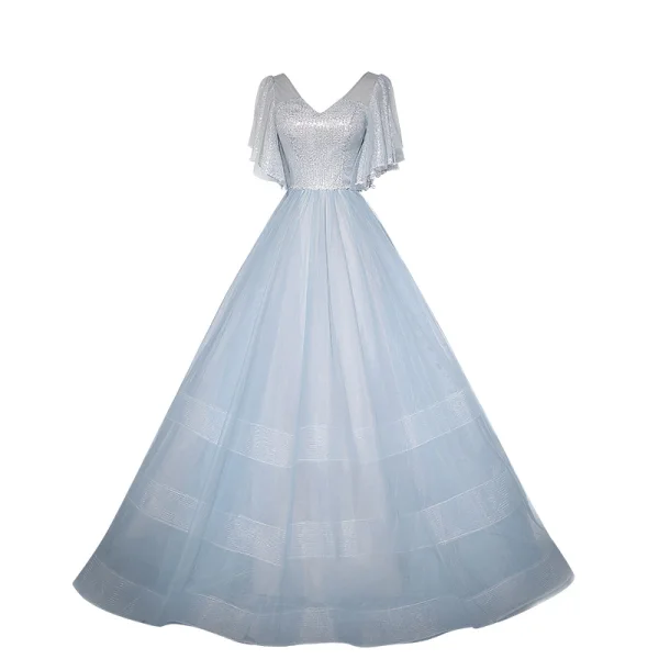 Fashion Sky Blue Sequins Prom Dresses 2022 A-Line / Princess V-Neck Short Sleeve Backless Floor-Length / Long Prom Formal Dresses