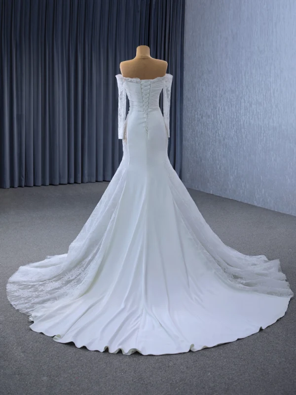 High-end White Lace Flower Wedding Dresses 2024 Trumpet / Mermaid Off-The-Shoulder Long Sleeve Court Train Wedding