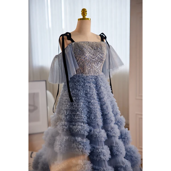 High End Meeresblau Fallende Rüsche Perlenstickerei Pailletten Ballkleider 2023 A Linie Spaghettiträger Kurze Ärmel Rückenfreies Sweep / Pinsel Zug Festliche Kleider