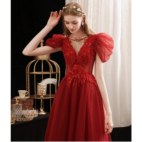 Charming Burgundy Beading Sequins Evening Dresses 2023 A-Line / Princess Scoop Neck Short Sleeve Backless Floor-Length / Long Evening Party Formal Dresses
