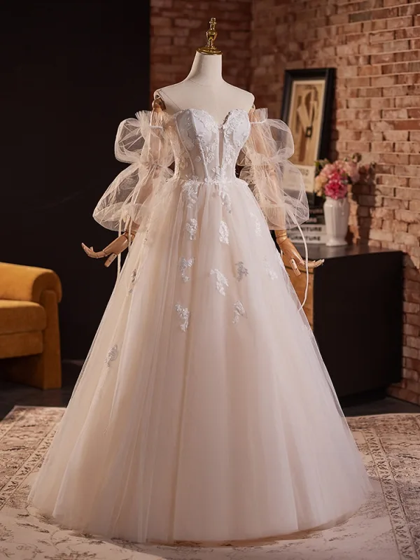 Elegant Blushing Pink Lace Flower Prom Dresses 2024 Ball Gown Off-The-Shoulder Short Sleeve Backless Floor-Length / Long Prom Formal Dresses